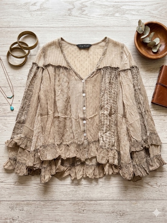 Young Threads Tops - Vintage-Inspired Ruffled Button Front Blouse in Tan by Young Threads